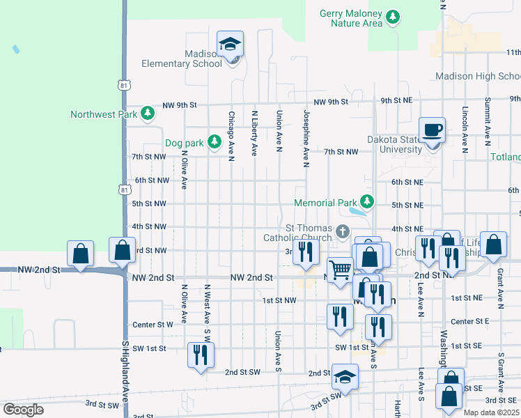map of restaurants, bars, coffee shops, grocery stores, and more near 517 5th Street Northwest in Madison