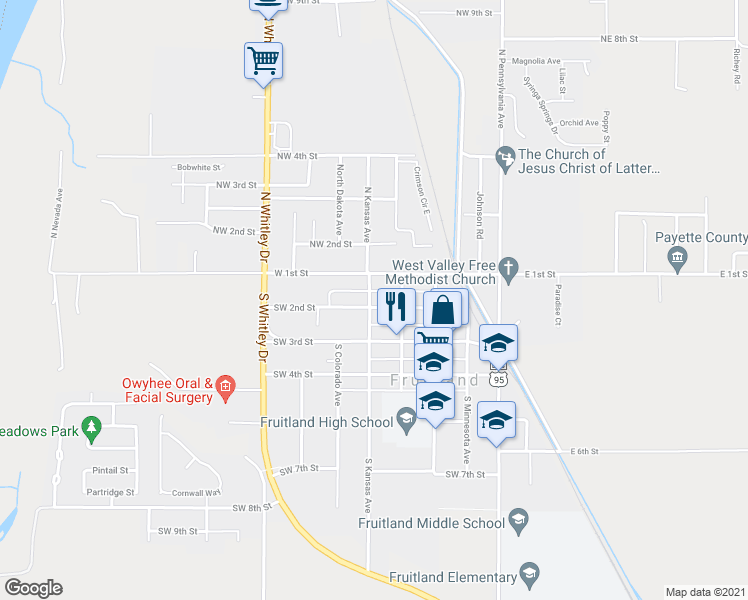 map of restaurants, bars, coffee shops, grocery stores, and more near 419 Southwest 2nd Street in Fruitland