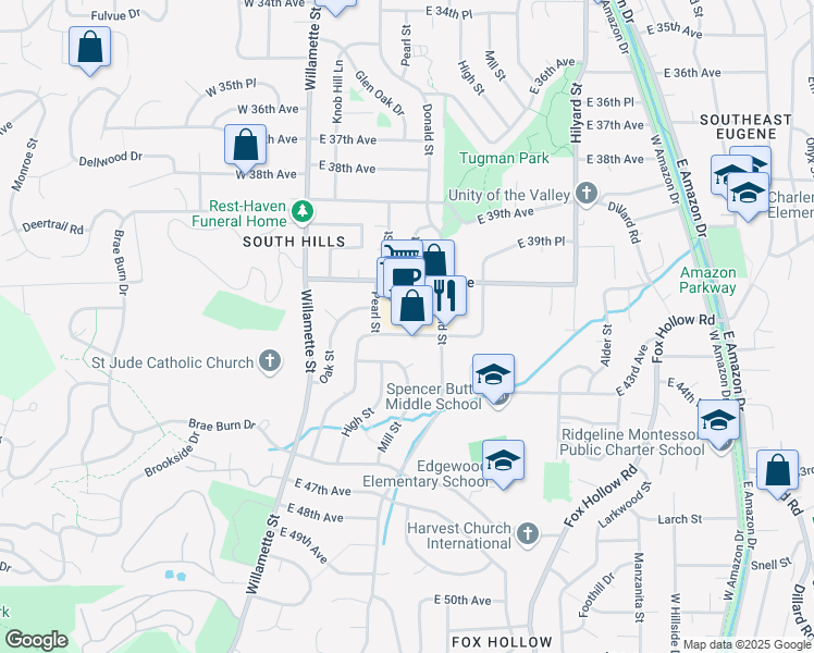 map of restaurants, bars, coffee shops, grocery stores, and more near 295 East 41st Avenue in Eugene