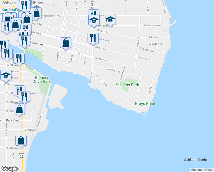 map of restaurants, bars, coffee shops, grocery stores, and more near 828 Bay Shore Drive in Oshkosh