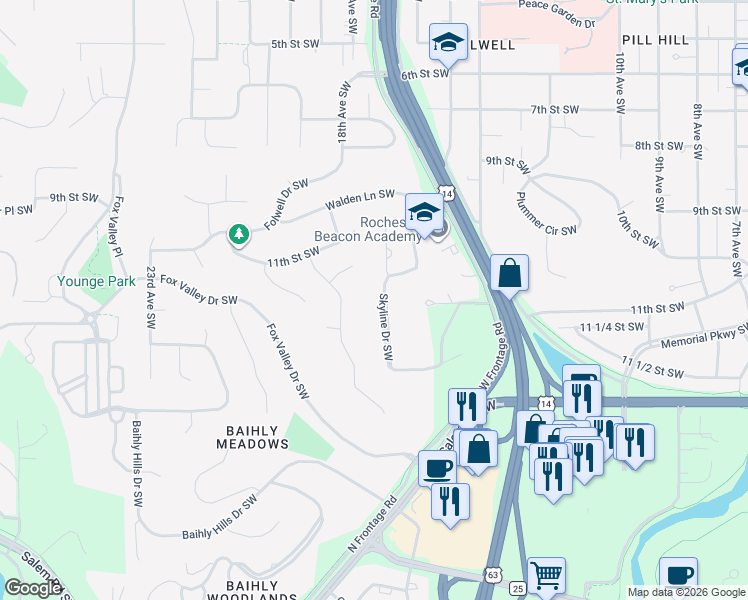map of restaurants, bars, coffee shops, grocery stores, and more near 1103 Skyline Drive Southwest in Rochester