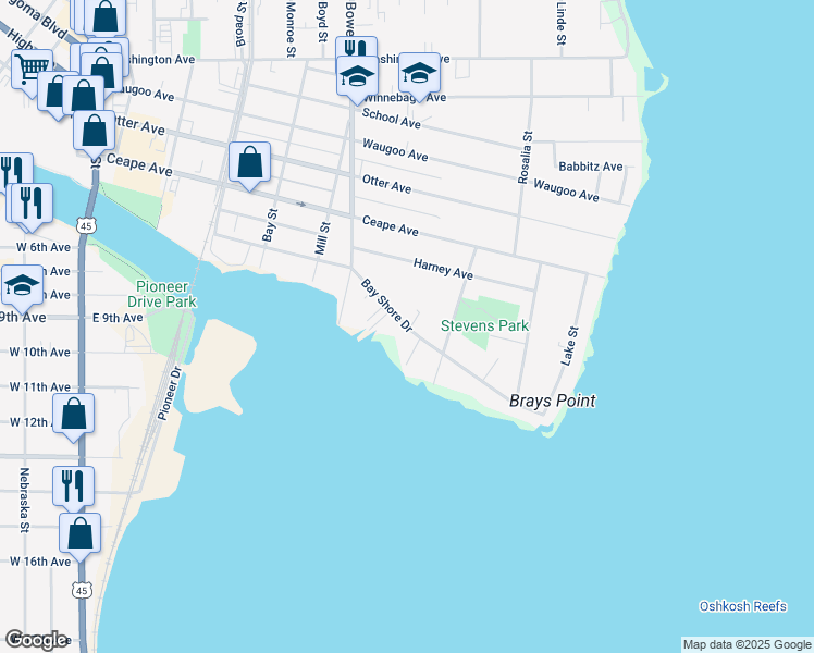 map of restaurants, bars, coffee shops, grocery stores, and more near 1030 Bay Shore Drive in Oshkosh