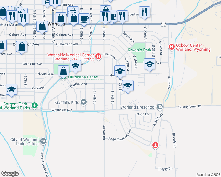 map of restaurants, bars, coffee shops, grocery stores, and more near in Worland