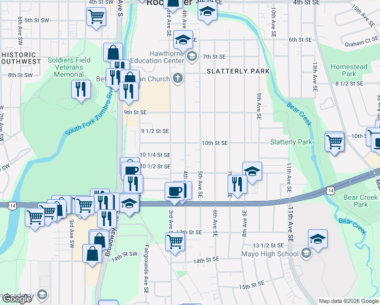 map of restaurants, bars, coffee shops, grocery stores, and more near 1022 4th Avenue Southeast in Rochester