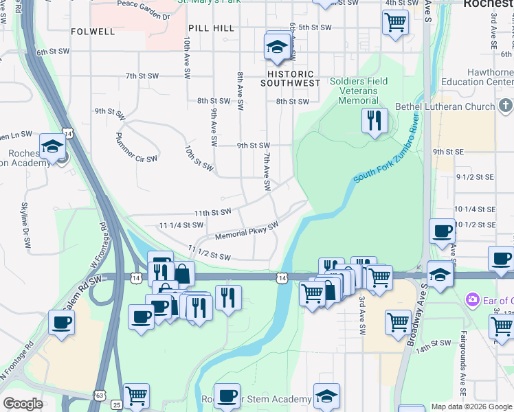 map of restaurants, bars, coffee shops, grocery stores, and more near 724 11th Street Southwest in Rochester