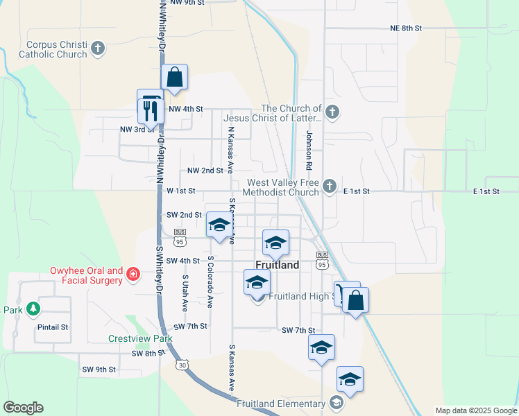 map of restaurants, bars, coffee shops, grocery stores, and more near 317 Southwest 2nd Street in Fruitland