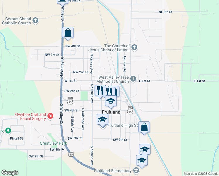 map of restaurants, bars, coffee shops, grocery stores, and more near 317 Southwest 2nd Street in Fruitland