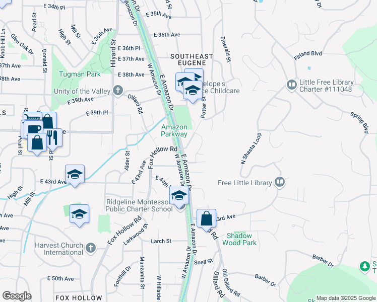 map of restaurants, bars, coffee shops, grocery stores, and more near 4001 Potter Street in Eugene