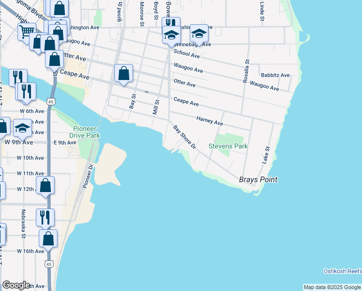map of restaurants, bars, coffee shops, grocery stores, and more near 1001 Bay Shore Drive in Oshkosh