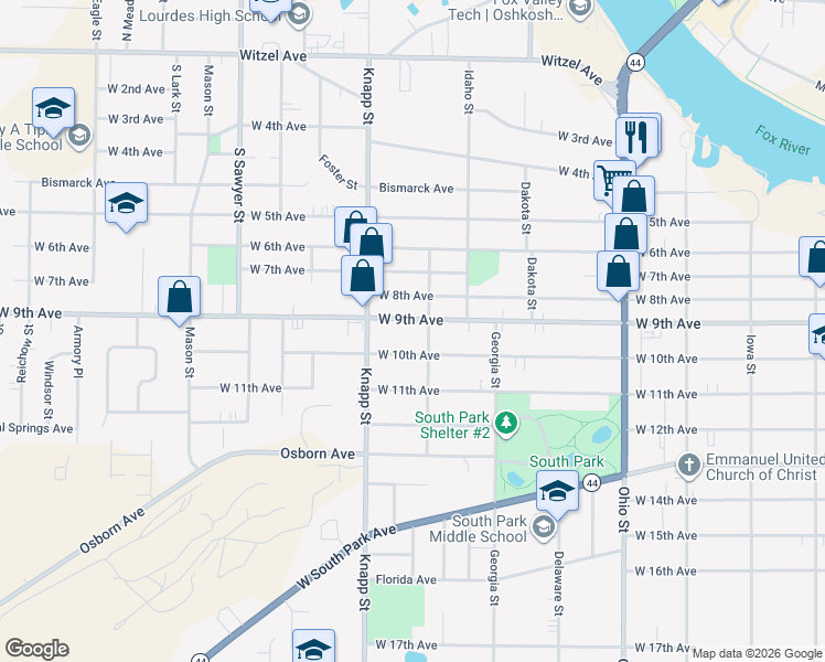 map of restaurants, bars, coffee shops, grocery stores, and more near 913 Rugby Street in Oshkosh