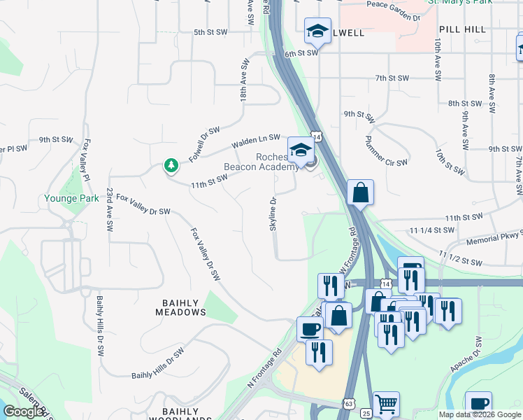 map of restaurants, bars, coffee shops, grocery stores, and more near 1103 Skyline Drive Southwest in Rochester