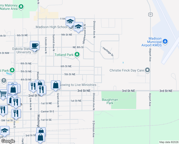 map of restaurants, bars, coffee shops, grocery stores, and more near 930 5th Street Northeast in Madison