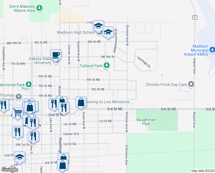 map of restaurants, bars, coffee shops, grocery stores, and more near 607 North Roosevelt Avenue in Madison