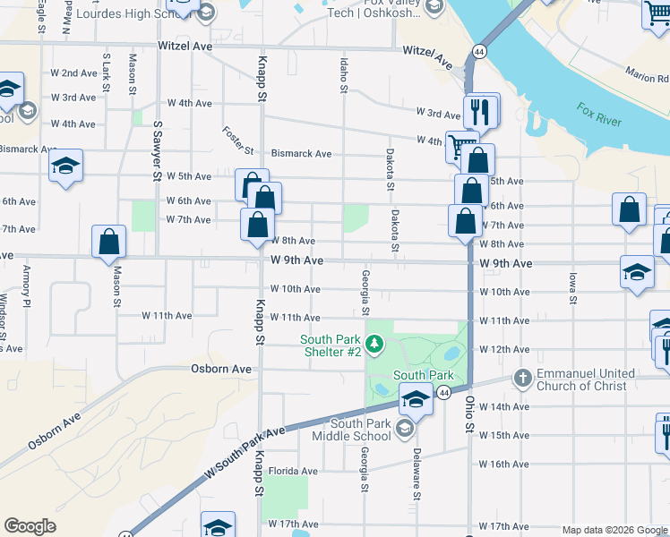 map of restaurants, bars, coffee shops, grocery stores, and more near 827 West 9th Avenue in Oshkosh