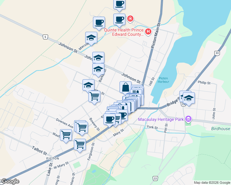 map of restaurants, bars, coffee shops, grocery stores, and more near 8 Centre Street in Prince Edward