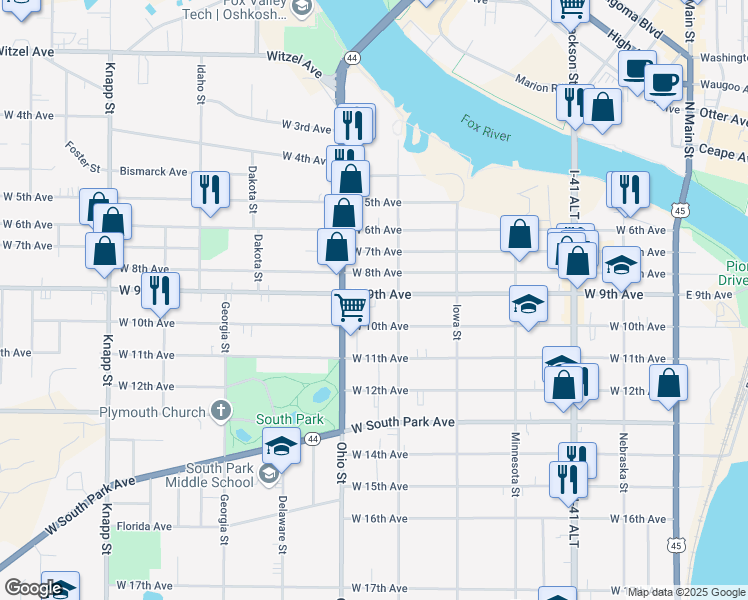 map of restaurants, bars, coffee shops, grocery stores, and more near 527 West 9th Avenue in Oshkosh