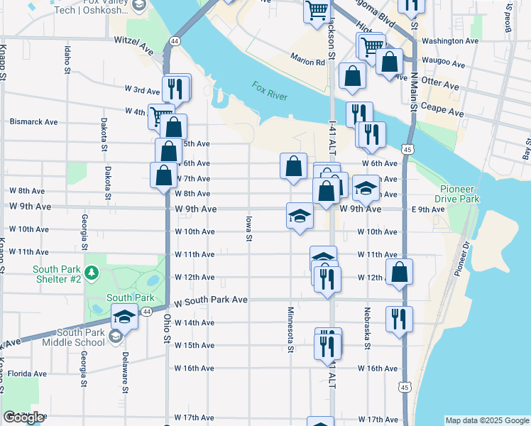 map of restaurants, bars, coffee shops, grocery stores, and more near 337 West 9th Avenue in Oshkosh