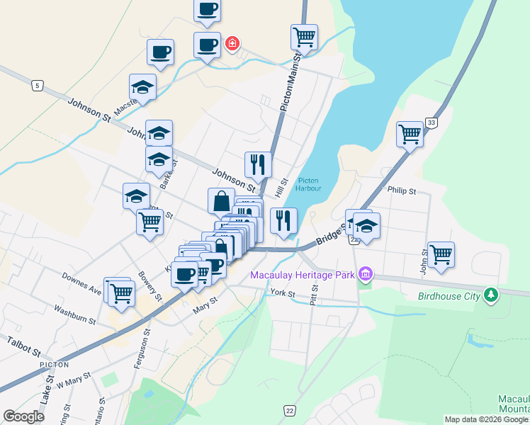 map of restaurants, bars, coffee shops, grocery stores, and more near 342 Main Street East in Prince Edward County