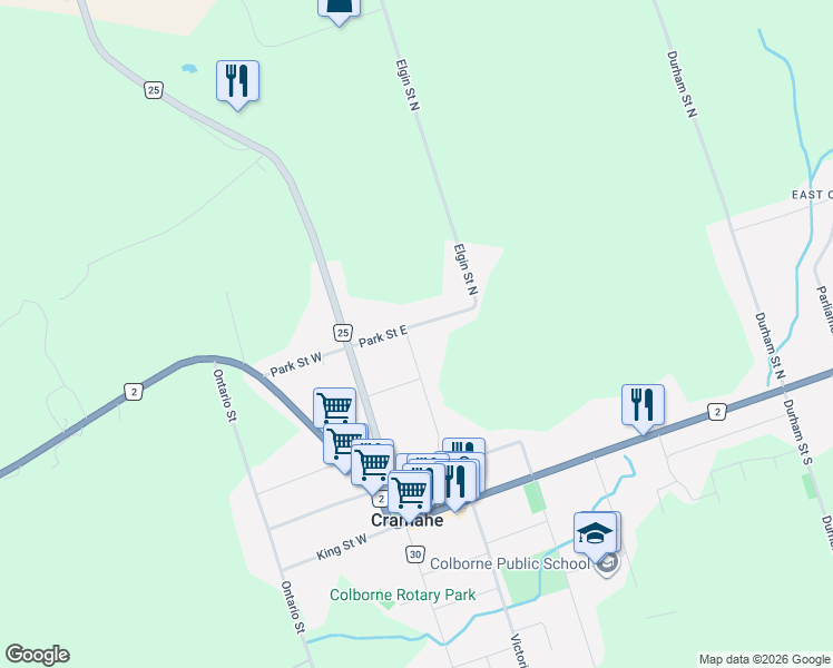 map of restaurants, bars, coffee shops, grocery stores, and more near 38 Burnham Avenue in Cramahe