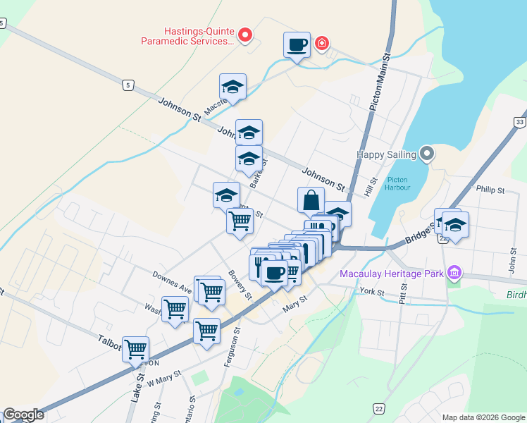 map of restaurants, bars, coffee shops, grocery stores, and more near 18 Centre Street in Prince Edward County