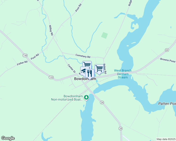 map of restaurants, bars, coffee shops, grocery stores, and more near 1 Church St in Bowdoinham