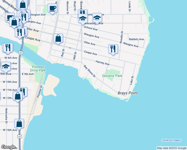 map of restaurants, bars, coffee shops, grocery stores, and more near 1010 Bay Shore Drive in Oshkosh