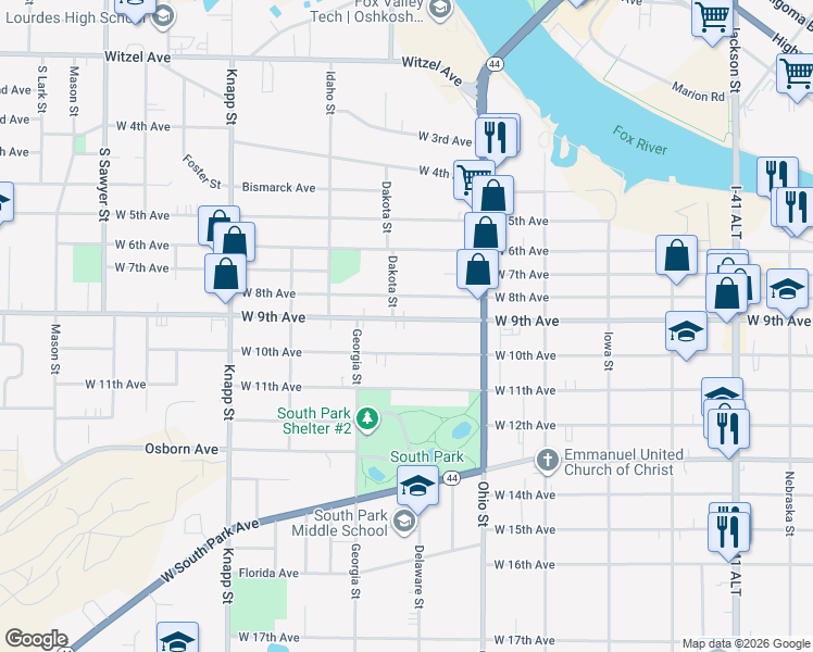 map of restaurants, bars, coffee shops, grocery stores, and more near 677 West 9th Avenue in Oshkosh