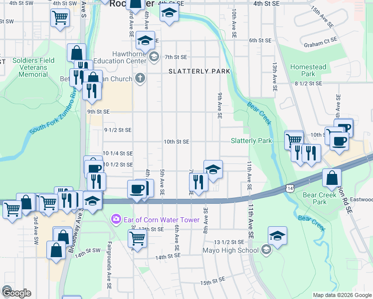 map of restaurants, bars, coffee shops, grocery stores, and more near 1021 7th Avenue Southeast in Rochester