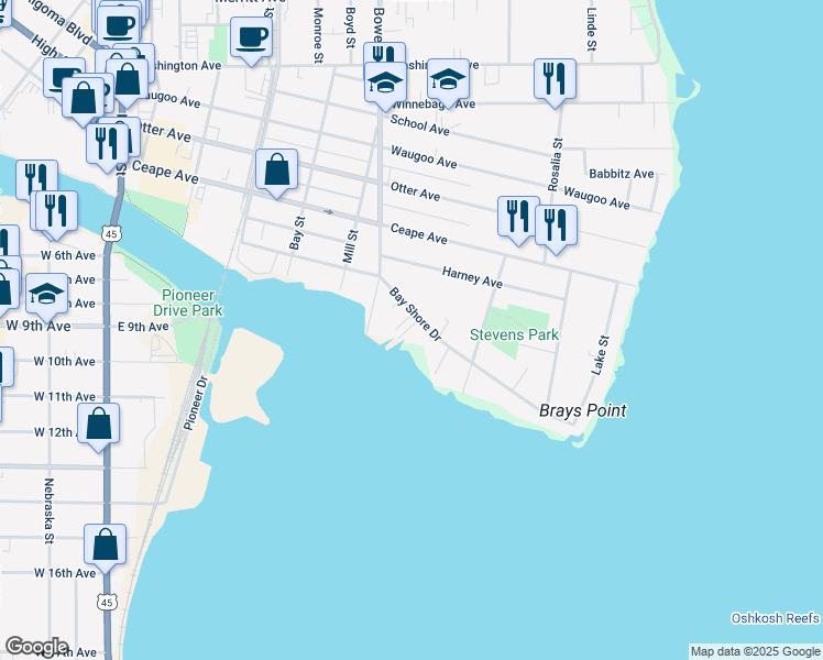 map of restaurants, bars, coffee shops, grocery stores, and more near 1001 Bay Shore Drive in Oshkosh