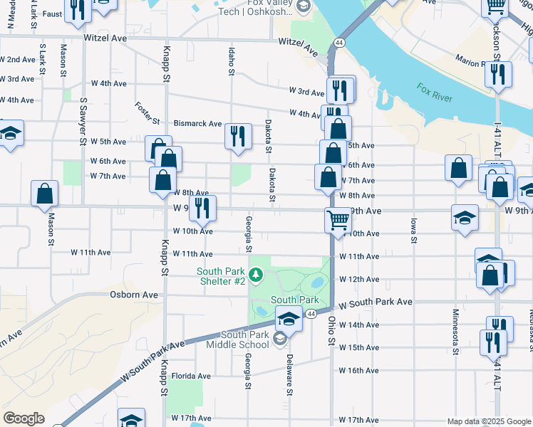 map of restaurants, bars, coffee shops, grocery stores, and more near 725 West 9th Avenue in Oshkosh