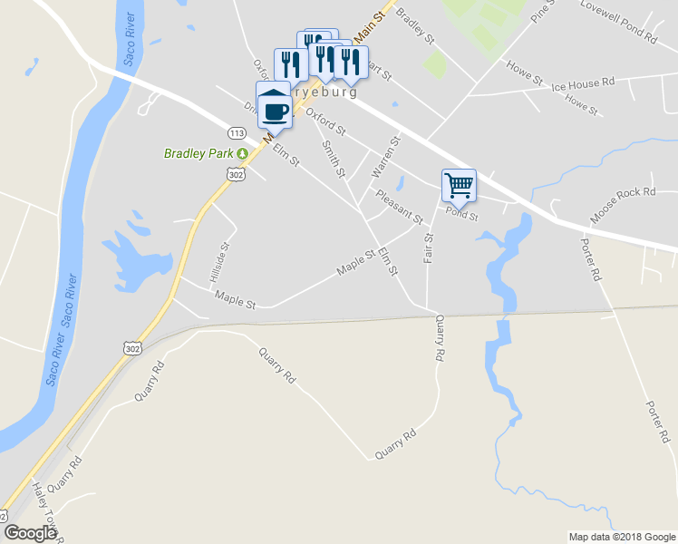 map of restaurants, bars, coffee shops, grocery stores, and more near 87 Maple Street in Fryeburg