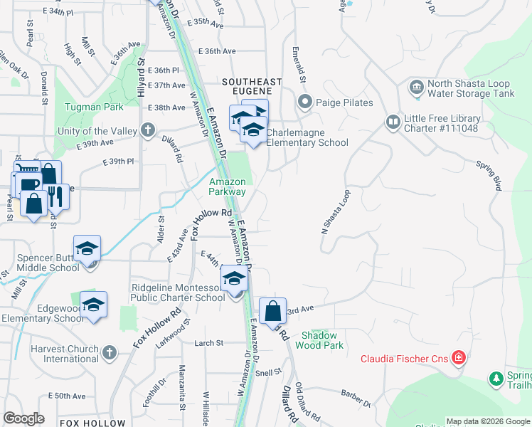 map of restaurants, bars, coffee shops, grocery stores, and more near 4001 Potter Street in Eugene