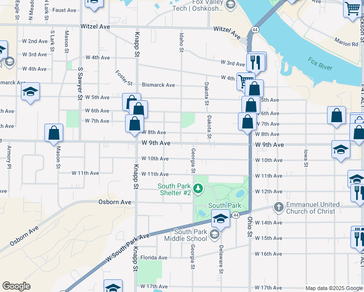 map of restaurants, bars, coffee shops, grocery stores, and more near 827 West 9th Avenue in Oshkosh