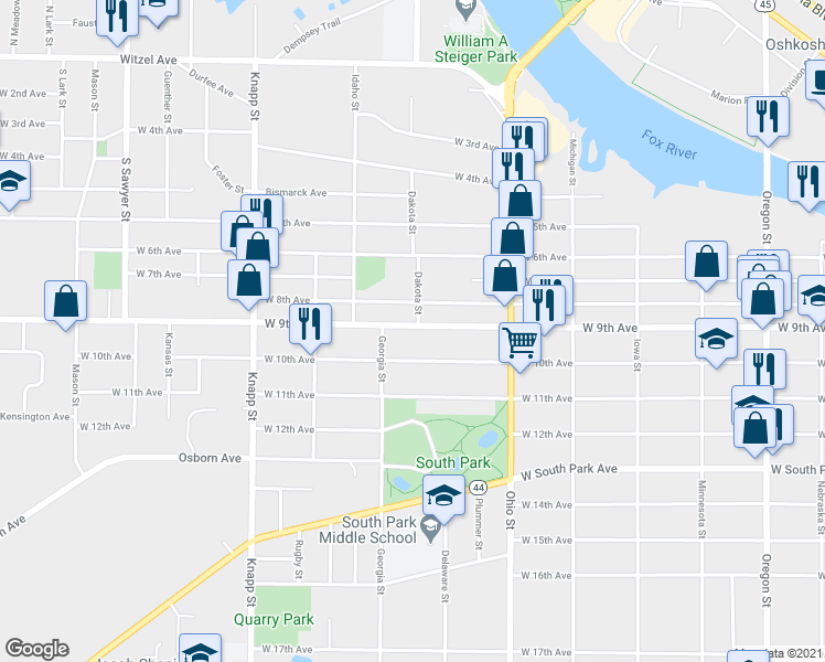 map of restaurants, bars, coffee shops, grocery stores, and more near 717 West 9th Avenue in Oshkosh