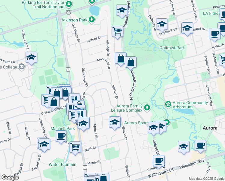 map of restaurants, bars, coffee shops, grocery stores, and more near 89 Batson Drive in Aurora