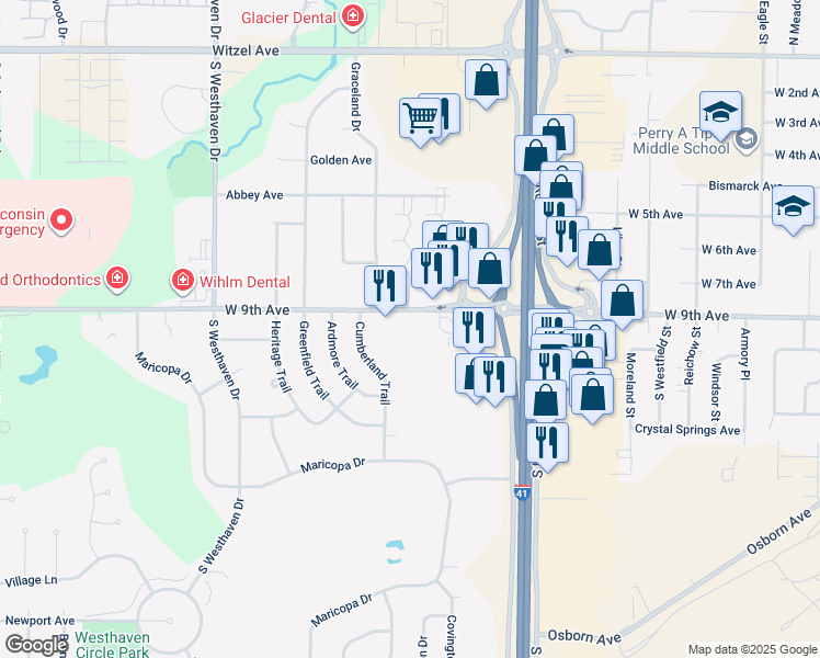 map of restaurants, bars, coffee shops, grocery stores, and more near 2163 West 9th Avenue in Oshkosh