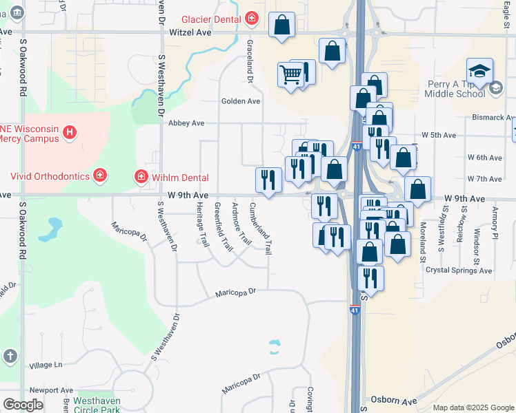 map of restaurants, bars, coffee shops, grocery stores, and more near 960 Cumberland Trail in Oshkosh