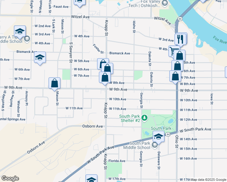 map of restaurants, bars, coffee shops, grocery stores, and more near 933 West 9th Avenue in Oshkosh