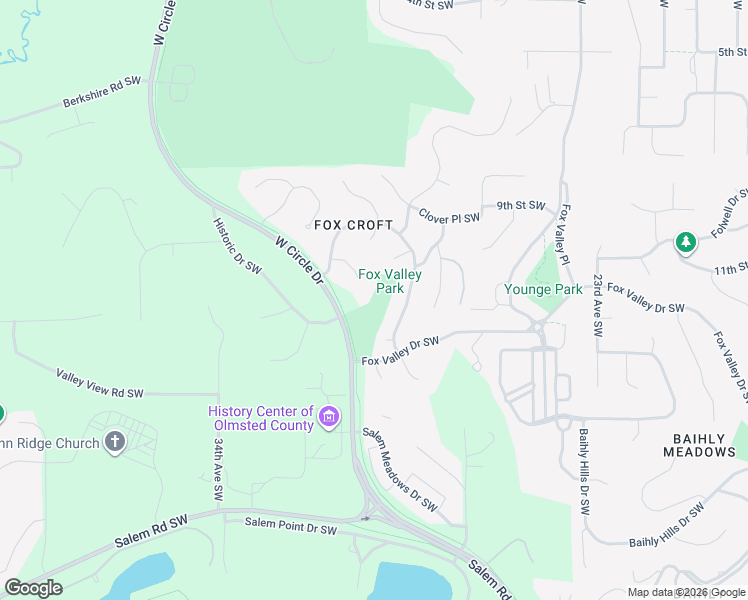 map of restaurants, bars, coffee shops, grocery stores, and more near 921 Foxcroft Circle Southwest in Rochester