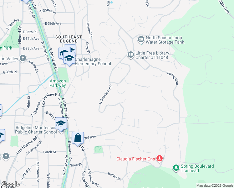 map of restaurants, bars, coffee shops, grocery stores, and more near 1726 Estate Dr in Eugene
