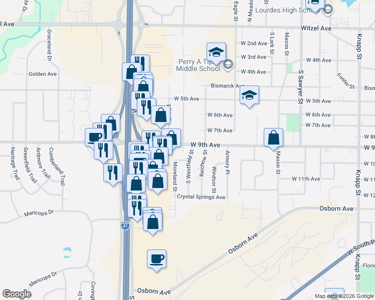map of restaurants, bars, coffee shops, grocery stores, and more near 934 South Westfield Street in Oshkosh