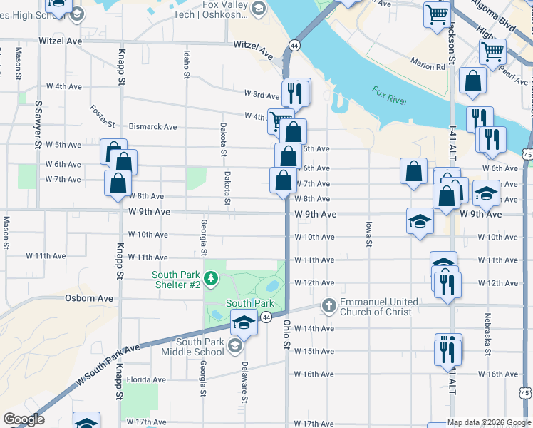 map of restaurants, bars, coffee shops, grocery stores, and more near 635 West 9th Avenue in Oshkosh