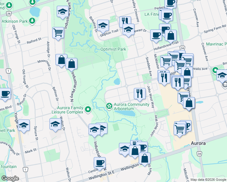 map of restaurants, bars, coffee shops, grocery stores, and more near 120 Woodroof Crescent in Aurora