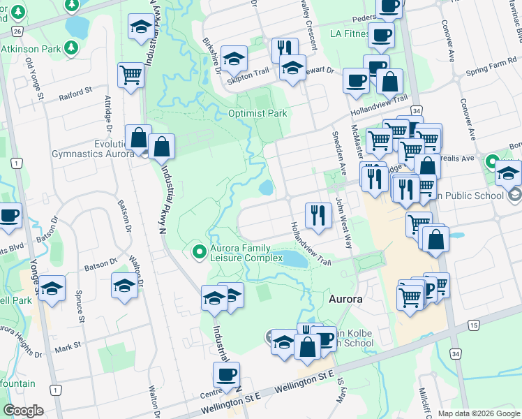 map of restaurants, bars, coffee shops, grocery stores, and more near 124 Woodroof Crescent in Aurora
