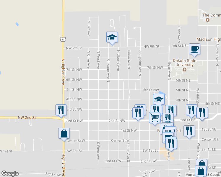 map of restaurants, bars, coffee shops, grocery stores, and more near 608 Chicago Avenue North in Madison