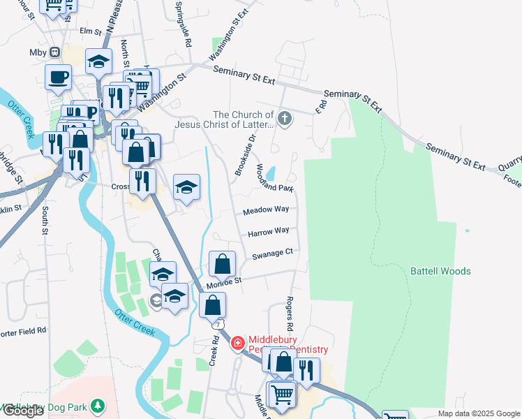 map of restaurants, bars, coffee shops, grocery stores, and more near 199 Meadow Way in Middlebury