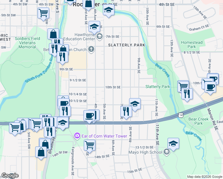 map of restaurants, bars, coffee shops, grocery stores, and more near 1021 6th Avenue Southeast in Rochester