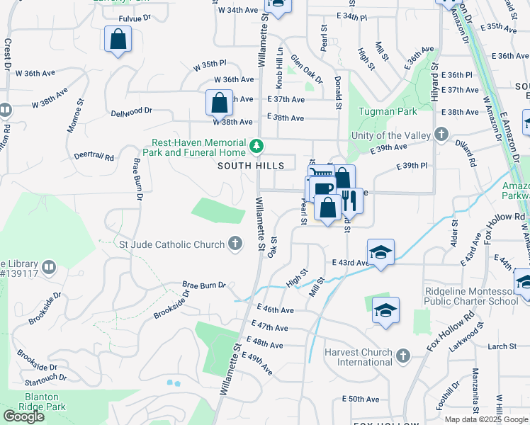 map of restaurants, bars, coffee shops, grocery stores, and more near 4105 Oak Street in Eugene