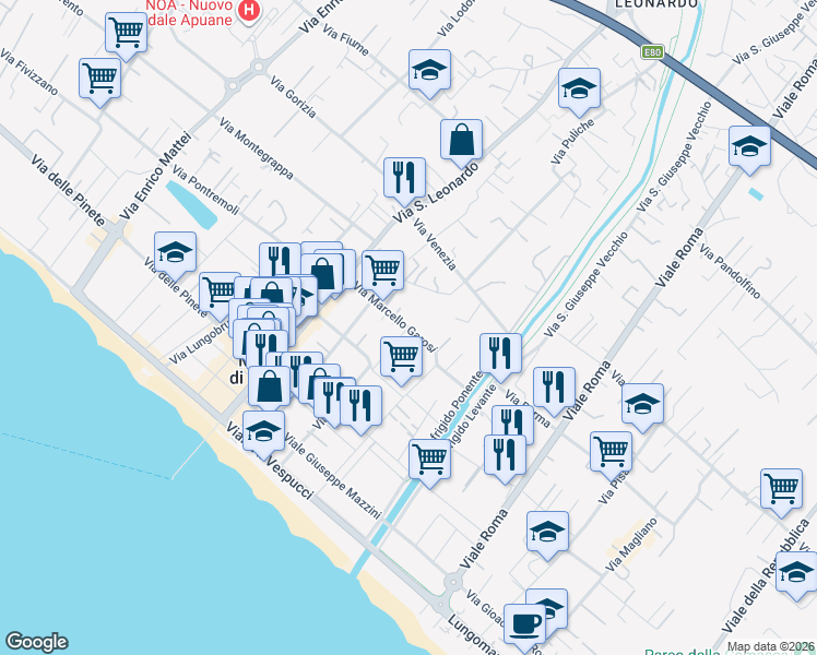 map of restaurants, bars, coffee shops, grocery stores, and more near 62 Via Marcello Garosi in Marina di Massa