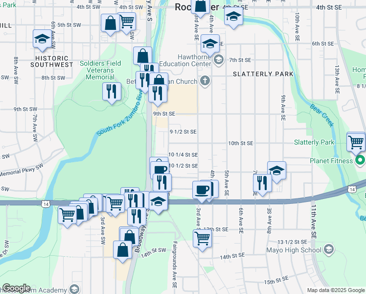 map of restaurants, bars, coffee shops, grocery stores, and more near 216 10 1/4 Street Southeast in Rochester
